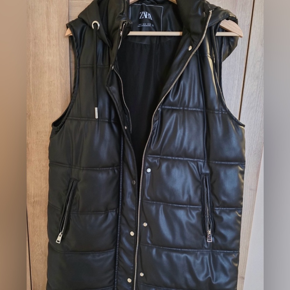 Zara Faux Leather Black Puffer Vest with Hood